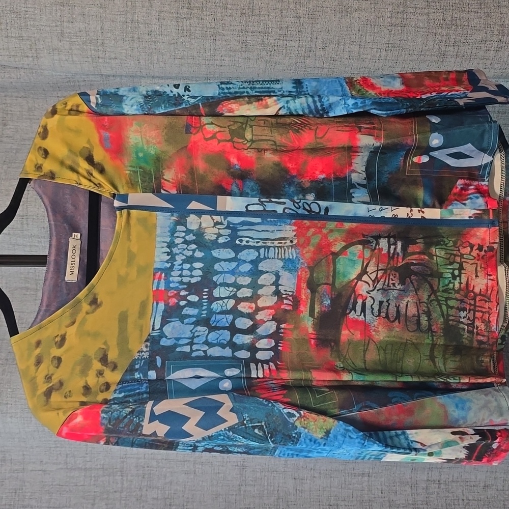 MISSLOOK Bold, Vibrant Multi Colored Abstract Patterned Top With Zipper Size M‎